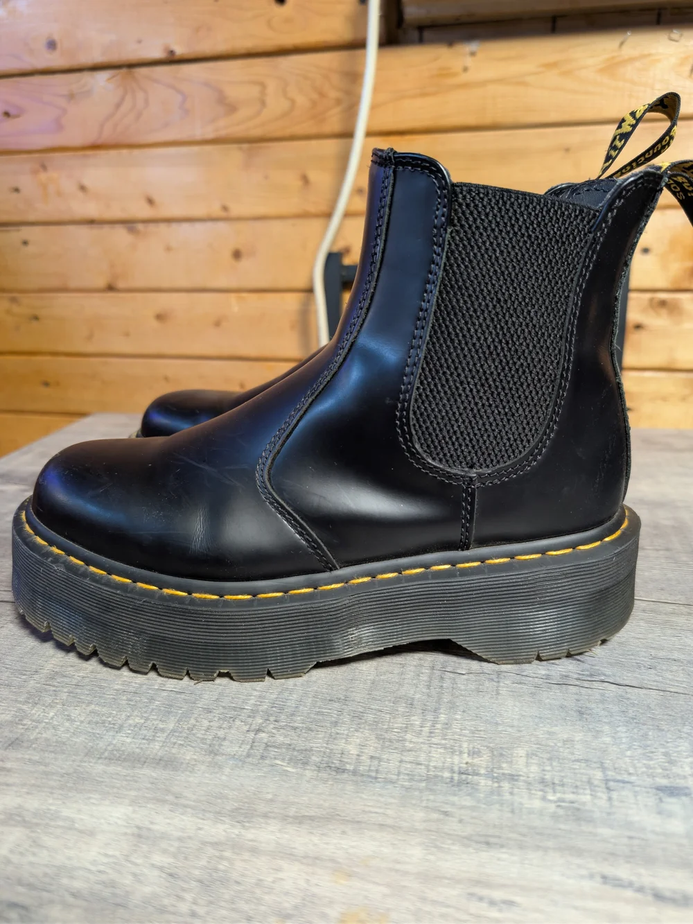 Dr. Martens Black Leather Platform Chelsea Boots with Yellow Welt